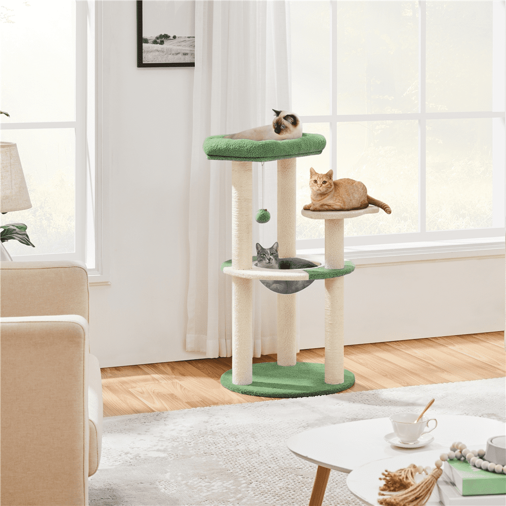 Alden Design 35.5″H Ocean Cat Tree with Padded Perch Natural Sisal for Kittens, Army Green/Beige