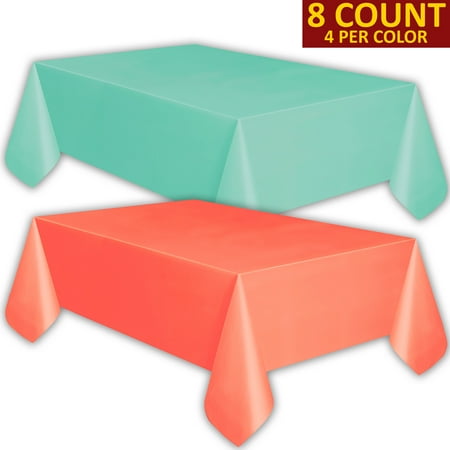 8 Plastic Tablecloths - Aqua and Coral - Premium Thickness Disposable Table Cover, 108 x 54 Inch, 4 Each Color