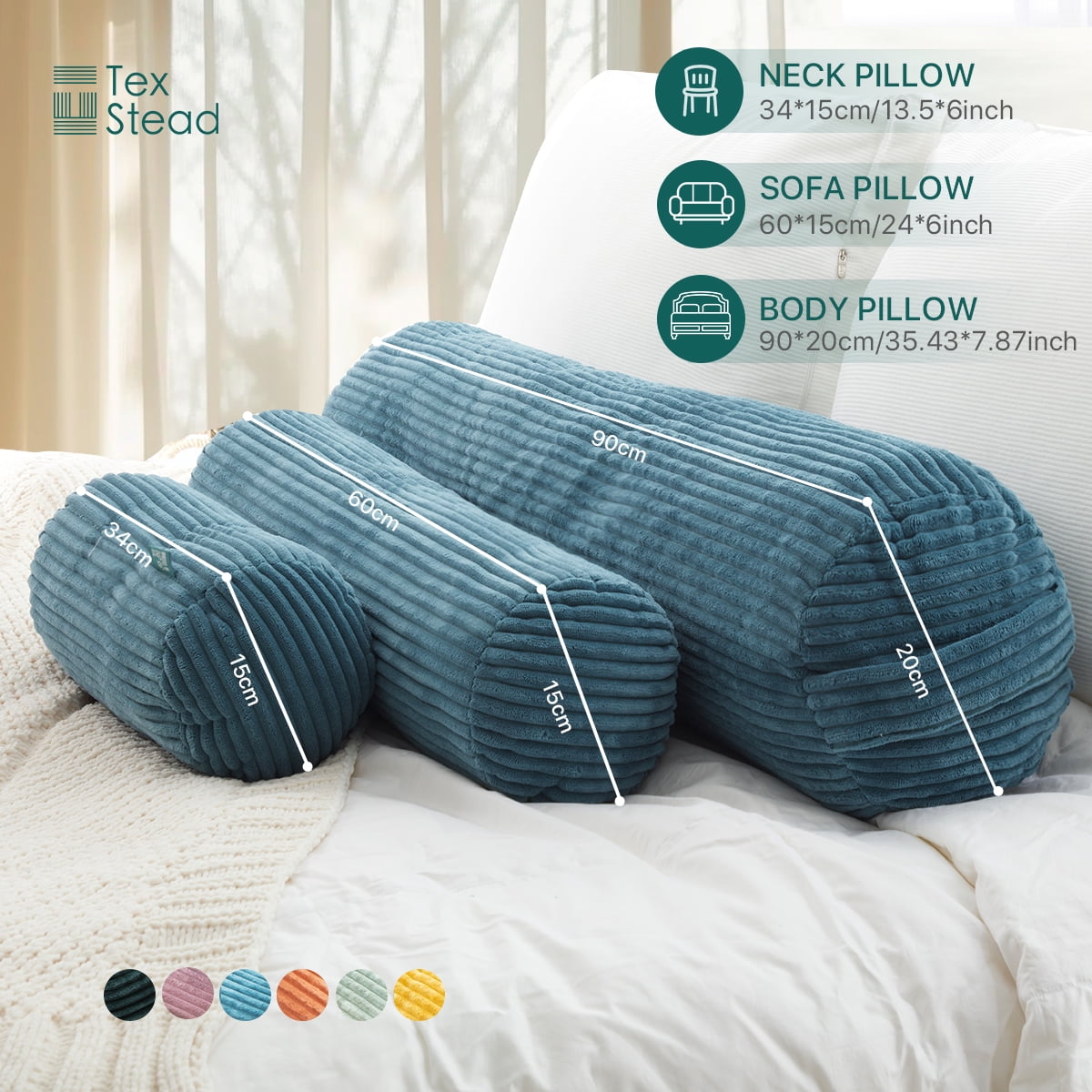 CHARRYARN by TexStead Cuddle Pillow  Bolster Pillow Corduroy Cylindrical Bed Pillow - Multifunctional Long Pillow- uitable for yoga,Lumbar and Neck Support Roll Pillow - Blue（8"x35.4")