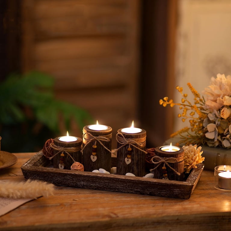 Hanobe Wood Tray with 4 Tealight Candle Holders photo 2