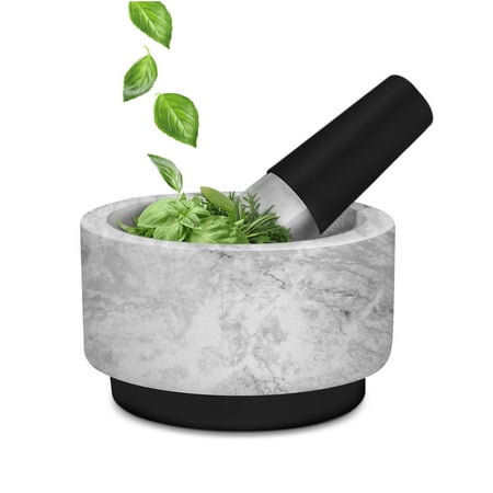 

Mortar and Pestle Set (White Marble + Silicone) with Non-Slip Silicone Base and Easy Grip Handle - Molcajete Guacamole Bowl Herb Spice Grinder Salsa Maker Apothecary Kitchen Tool