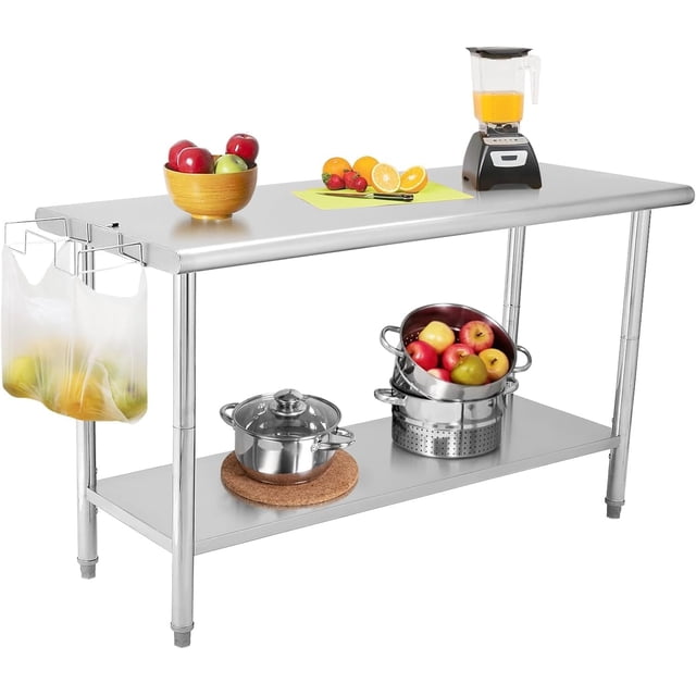 Table de Travail en Acier Inoxydable NSF 60x24 Po avec Tablette Inférieure Réglable et Support de Sac à Ordures Détachable, Table de Préparation Commerciale Robuste pour Cuisine, Maison, Restaurant