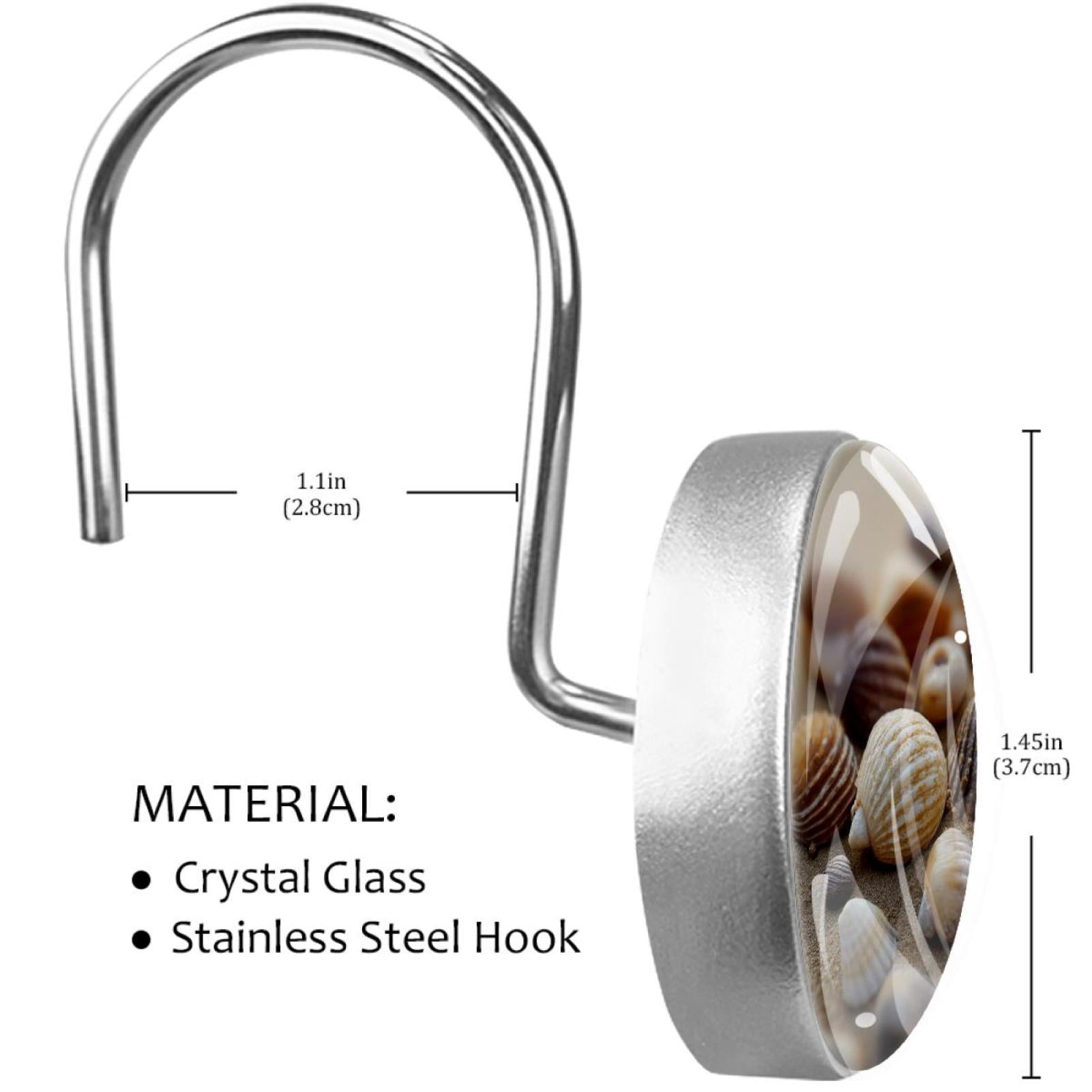 Shells on Beach Shower Curtain Hooks Round Crystal Glass, Set of 12 Shower Curtain Rings - Shower Hooks for Curtain Shower Rings