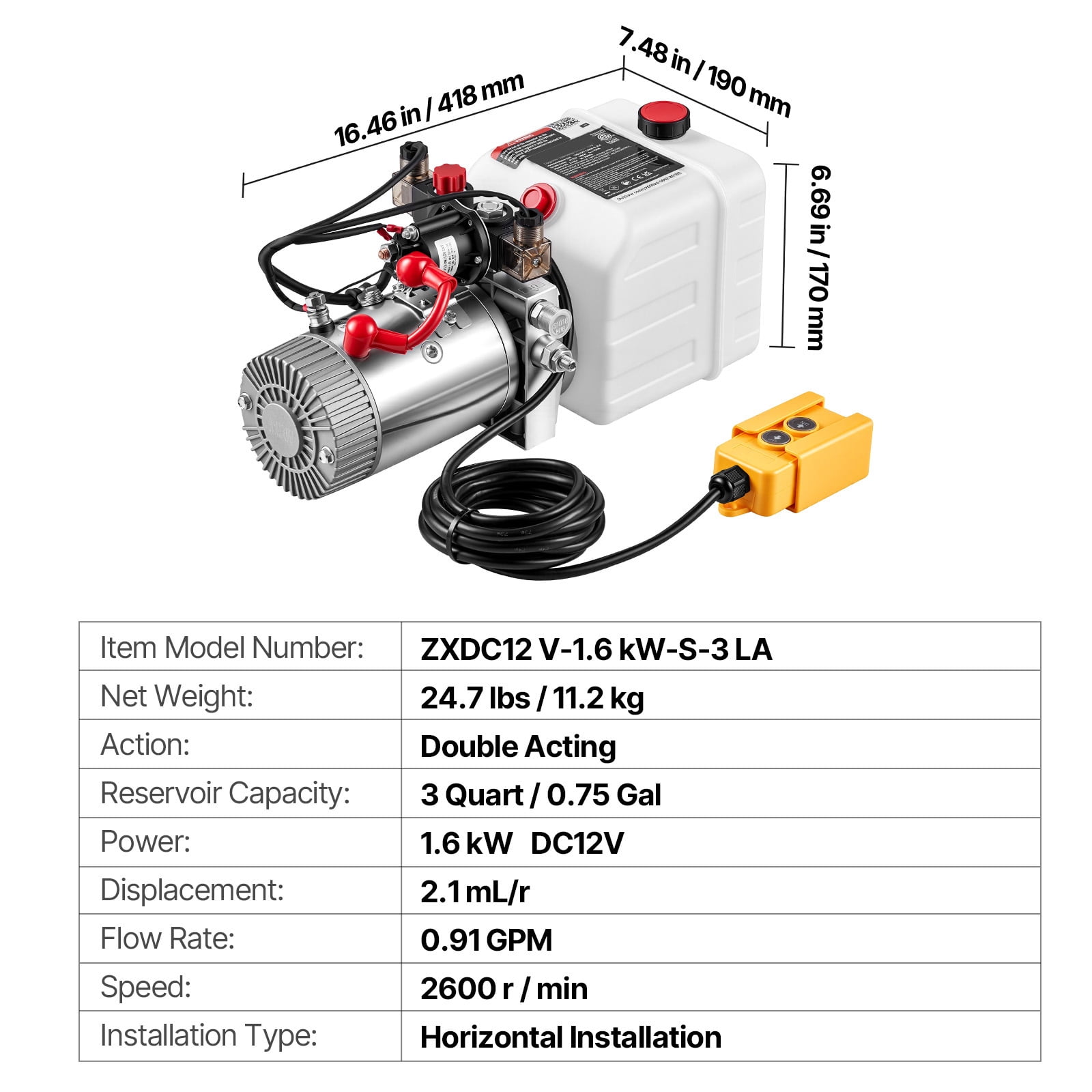KFFKFF 3 Quart Hydraulic Pump, Double Acting Dump Trailer Unit, 3200 PSI Max Pressure & 0.91 GPM Flow Rate, DC 12V Hydraulic Power System for Dump Trailer and Vehicle Lifting (Horizontal Setup)