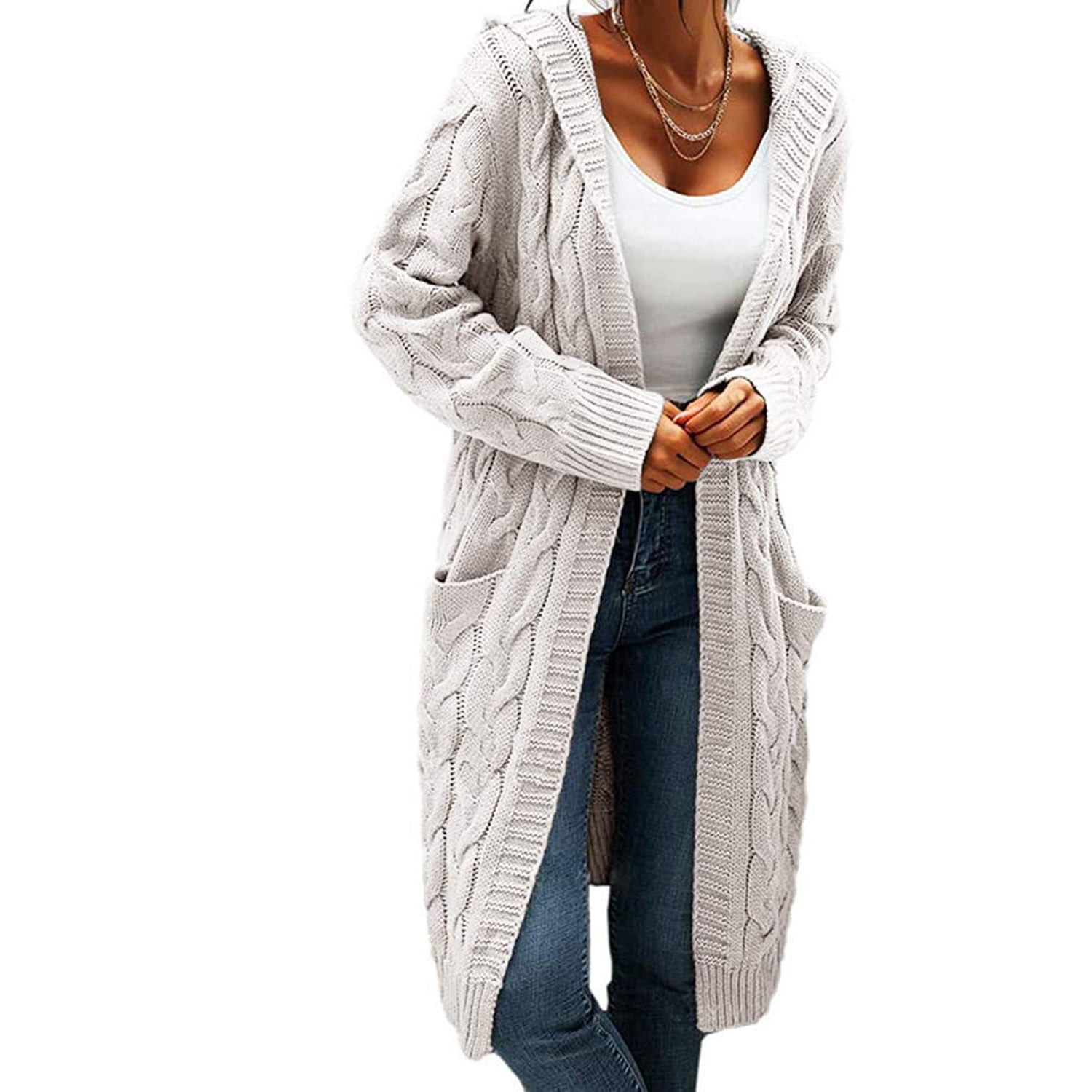 Mafulus Women Hooded Open Front Cardigan Cable Knit Sweaters Solid Chunky Long  Sweater Coats with Pockets - Walmart.com