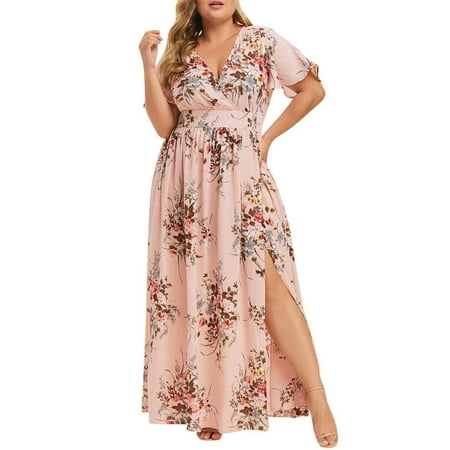 Jophufed Womens Plus Size Summer Dresses 2022 Party Boho Print Maxi Long Dress V-Neck Short Sleeve Dresses for Wedding Guest on Clearance