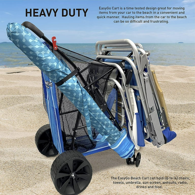EasyGo Product Beach Cart Heavy Duty Folding Design Large Wheels for Sand Holds 4 Beach Chairs Storage Pouch Beach Umbrella Holder Striped Walmart