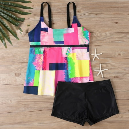 Summer Savings Fatuov Beach Tankinis for Women Fashion Plus Size Swimsuits Summer Plaid Print Swimwear Two-Piece High Waisted Bikinis Sets Pink