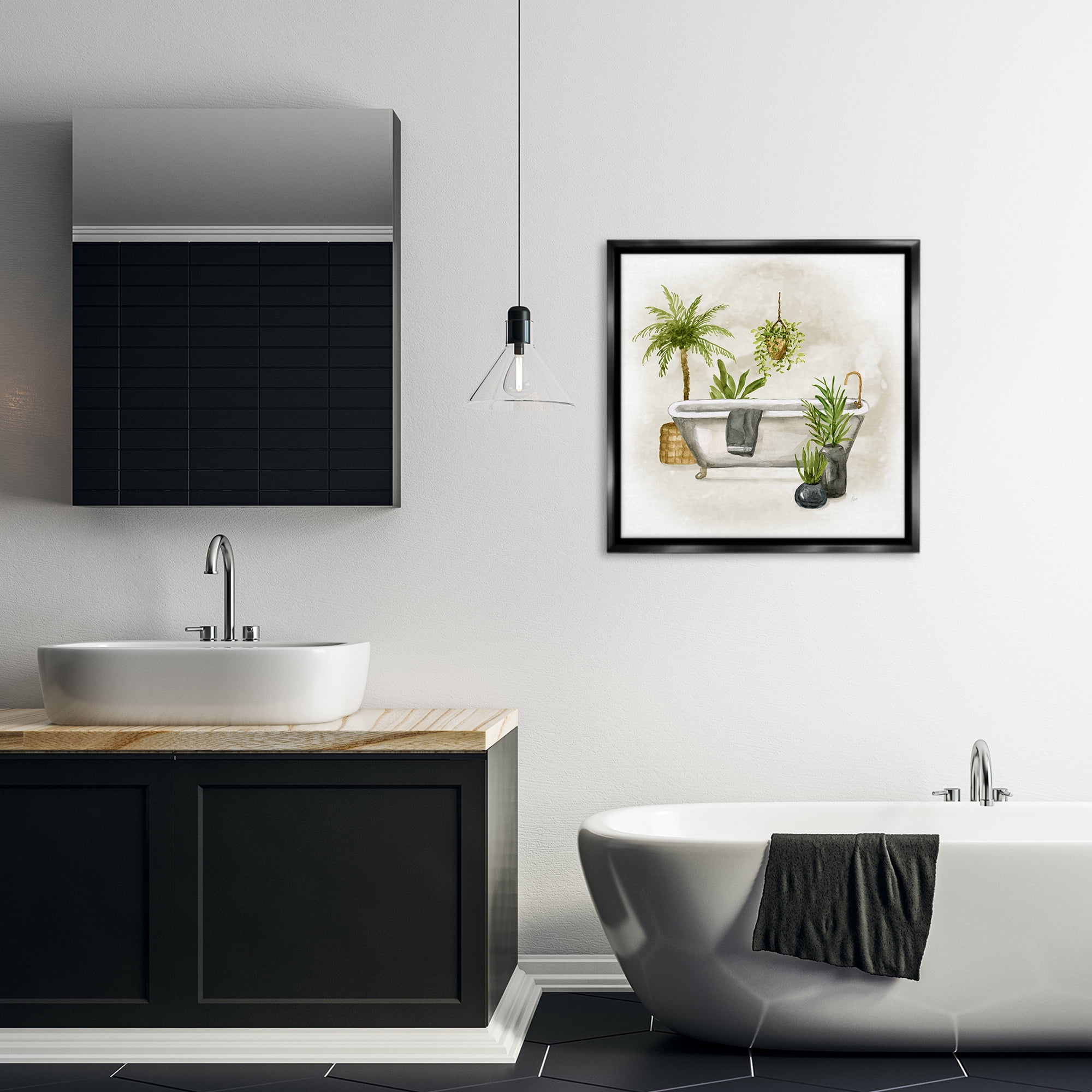Stupell Industries Plant Filled Bathroom Bath & Laundry Painting Black Floater Framed Canvas Art Print Wall Art, 25 x 25