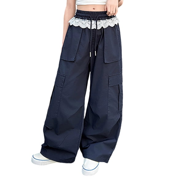SJLDQY Girls Cargo Pants Casual Elastic Waist Drawstring Baggy Pants for Girls Lace Solid Color Trousers with Pockets