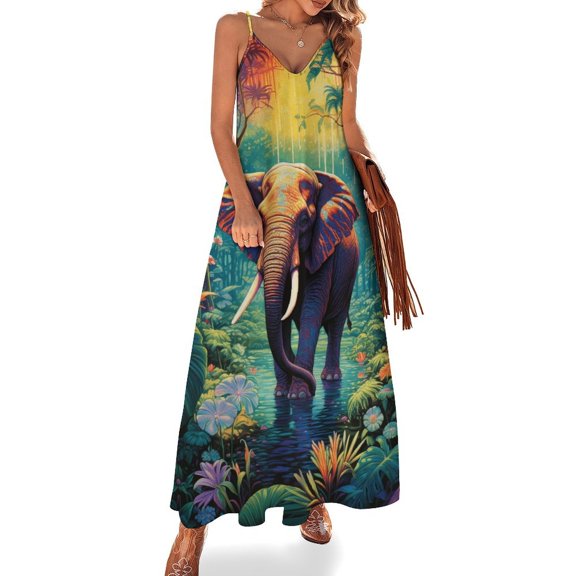 Colorful Elephant Flower Design Sleeveless Dress Woman Fashion Long Dresses Women's Summer Suit Dress 2025