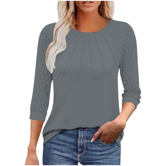 Olyvenn Hauts à Manches 3/4 pour Femmes, T-Shirt d'Été Décontracté Tendance, Tunique à Col Rond Plissé, Gris m