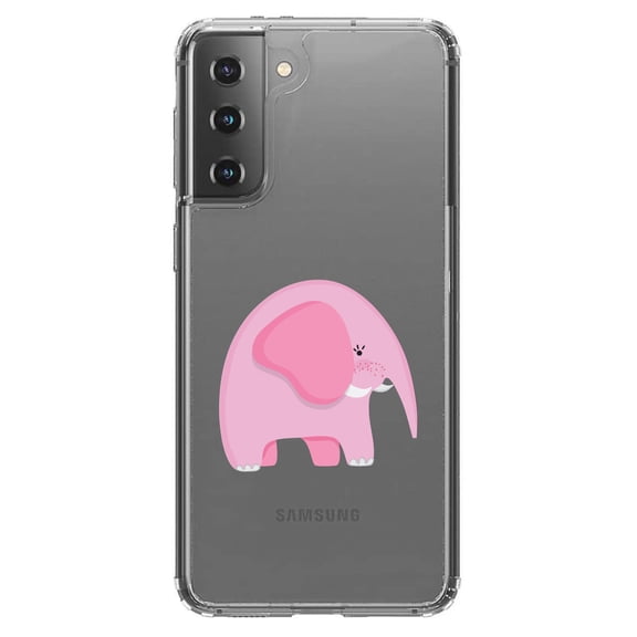 DistinctInk Clear Shockproof Hybrid Case for Galaxy S21  PLUS 5G (6.7" Screen) - TPU Bumper Acrylic Back Tempered Glass Screen Protector - Cute Cartoon Elephant - Pink