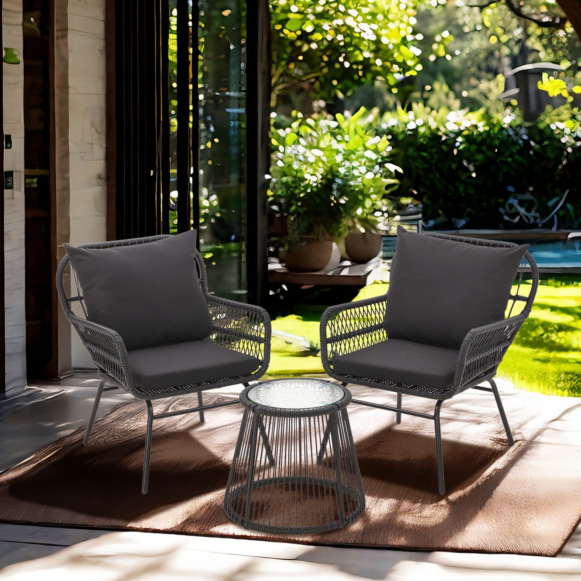 Bezseller 3-Piece Outdoor Wicker Furniture Set, Patio Conversation Set, Black