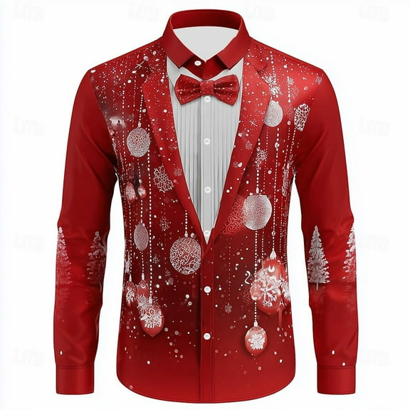 Fznquz Xmas Print Men's Button Up Shirt Red Collared Long Sleeve Shirt Winter Trendy Christmas Men's Fashion