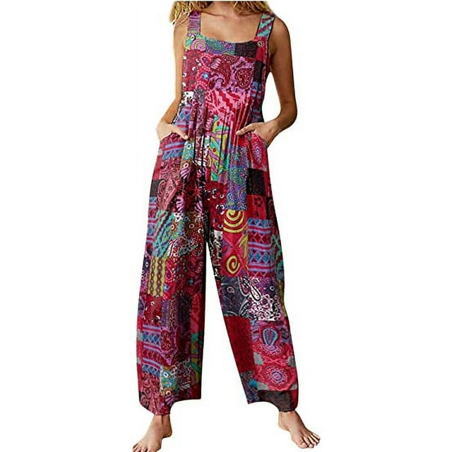 Salopette Boho pour Femmes Combinaison Décontractée Ample à Bretelles Pantalon Grand à Bretelles Vintage Floral