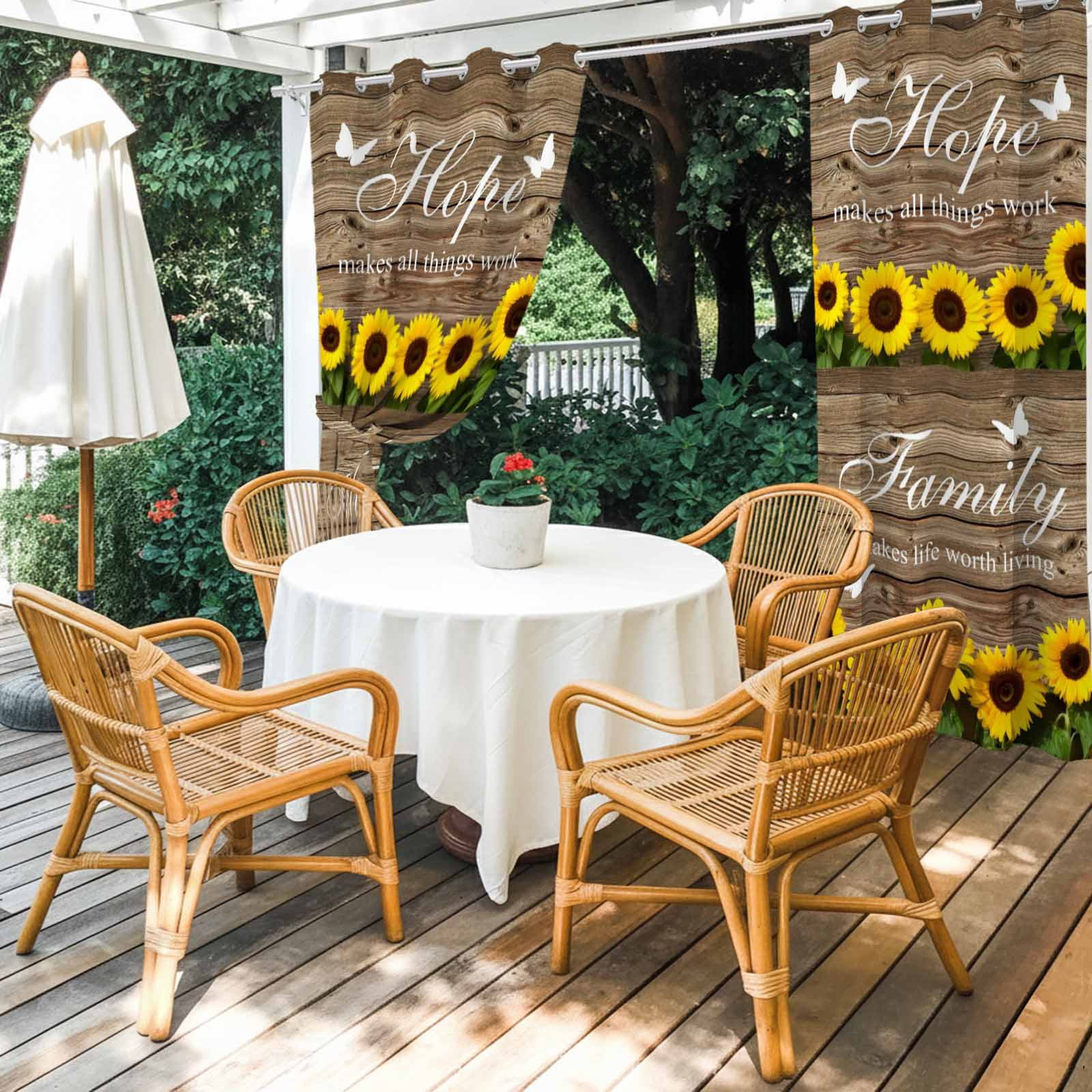 Outdoor Curtains for Patio Waterproof, Spring Sunflowers Outdoor Privacy Panels Grommet, Farmhouse Brown Wooden Plank Blackout Outside Curtains for Porch/Cabana/Pergola/Gazebo 54"x108", 1 Panel