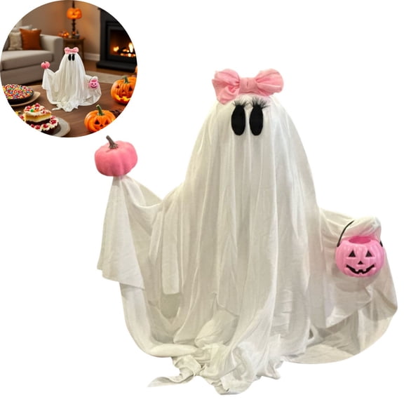 Pink Ghost Halloween Decoration for Indoor and Covered Outdoor Use - Light Up Scary Ghosts Trick-or -Treater Door Greeter for Spooky Halloween Party Decor (Ghost Girl)