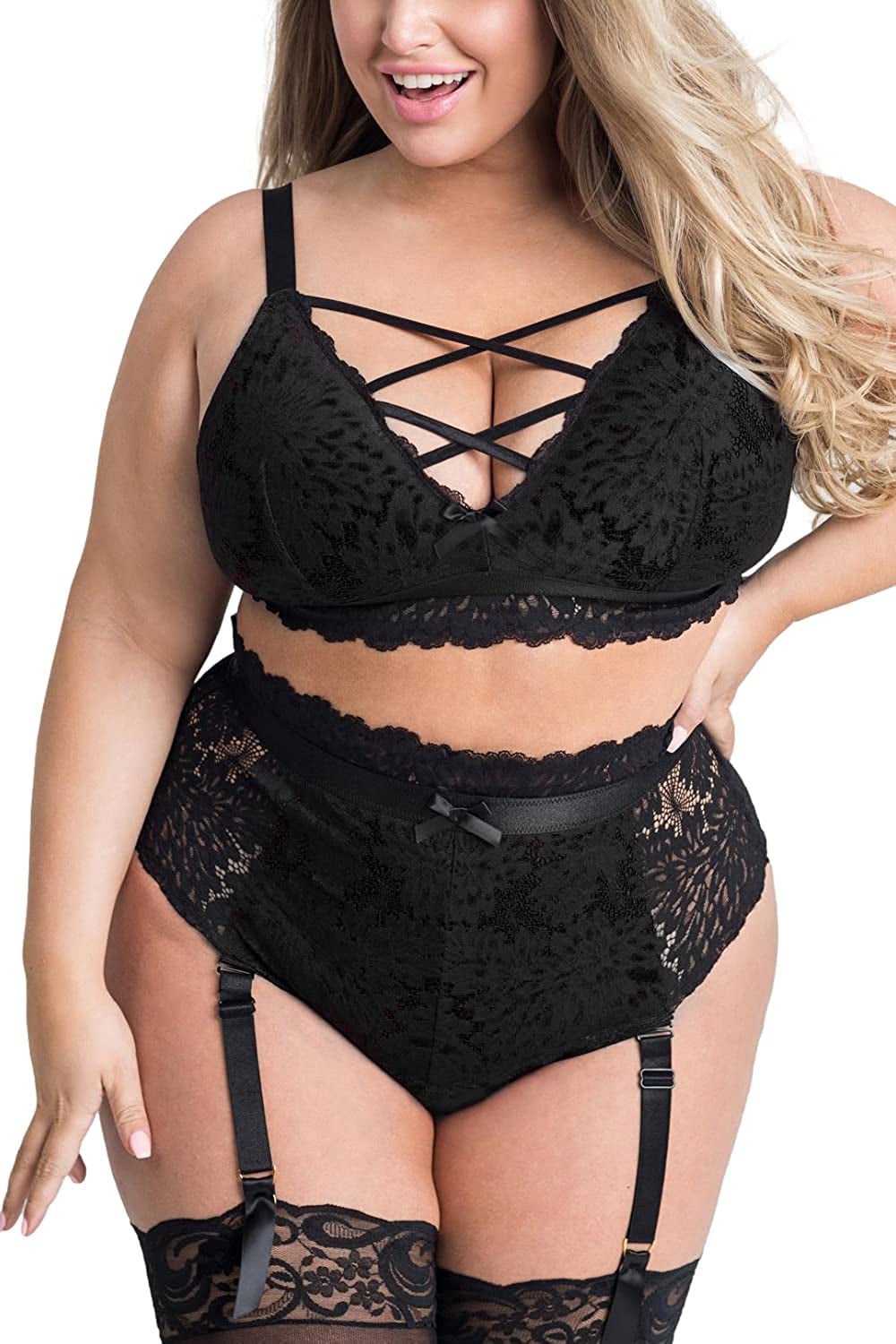CLEARANCE Sale! Plus Size Lingerie Set for Women, Luxe Criss-cross Bra Set Lace Cup Classic Underwear High Waisted Suspender -