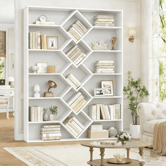 Frmobepts Triple Row 6-tier Bookshelf, 71 in Tall Bookshelf with 17 Open Display Shelves, Large Bookcase for Office Living Room, White