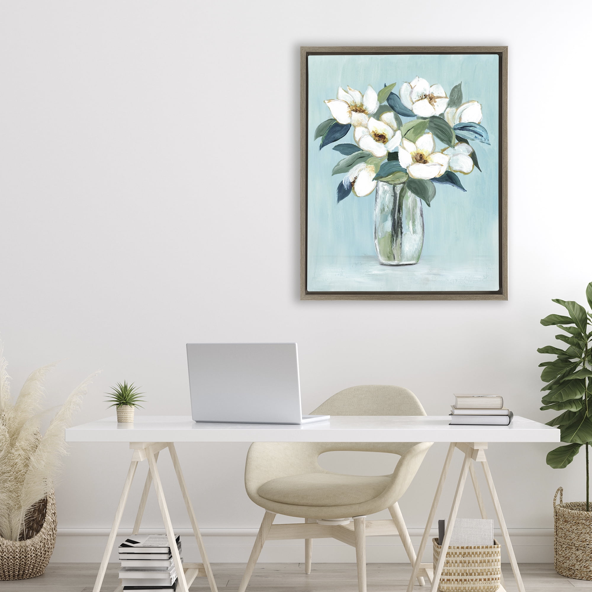 Stupell Industries Magnolia Blossoms on Blue Brown Framed Floater Canvas Wall Art, design by Janet Tava