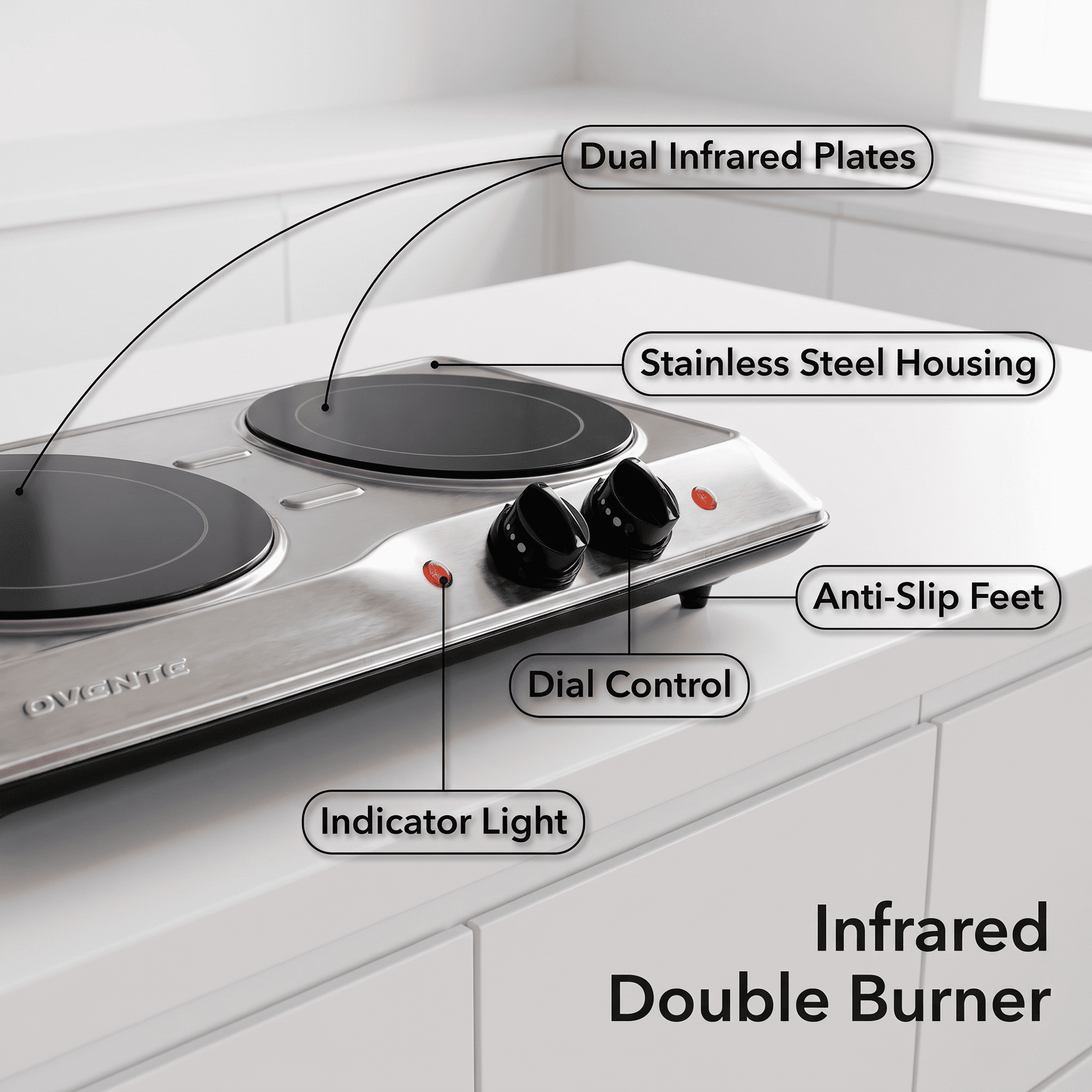 OVENTE Electric Infrared Double Burner, 1700W Hot Plate, Silver BGI102S, Portable Stove with 7.75" and 6.75" Ceramic Glass Cooktop, 5 Level Temperature Setting and Easy to Clean Stainless Steel Base