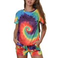 thumbnail image 1 of Women Short Sleeve + Shorts, Tie-dye Waist Drawstring with Pockets Cool Summer Clothing, 1 of 5