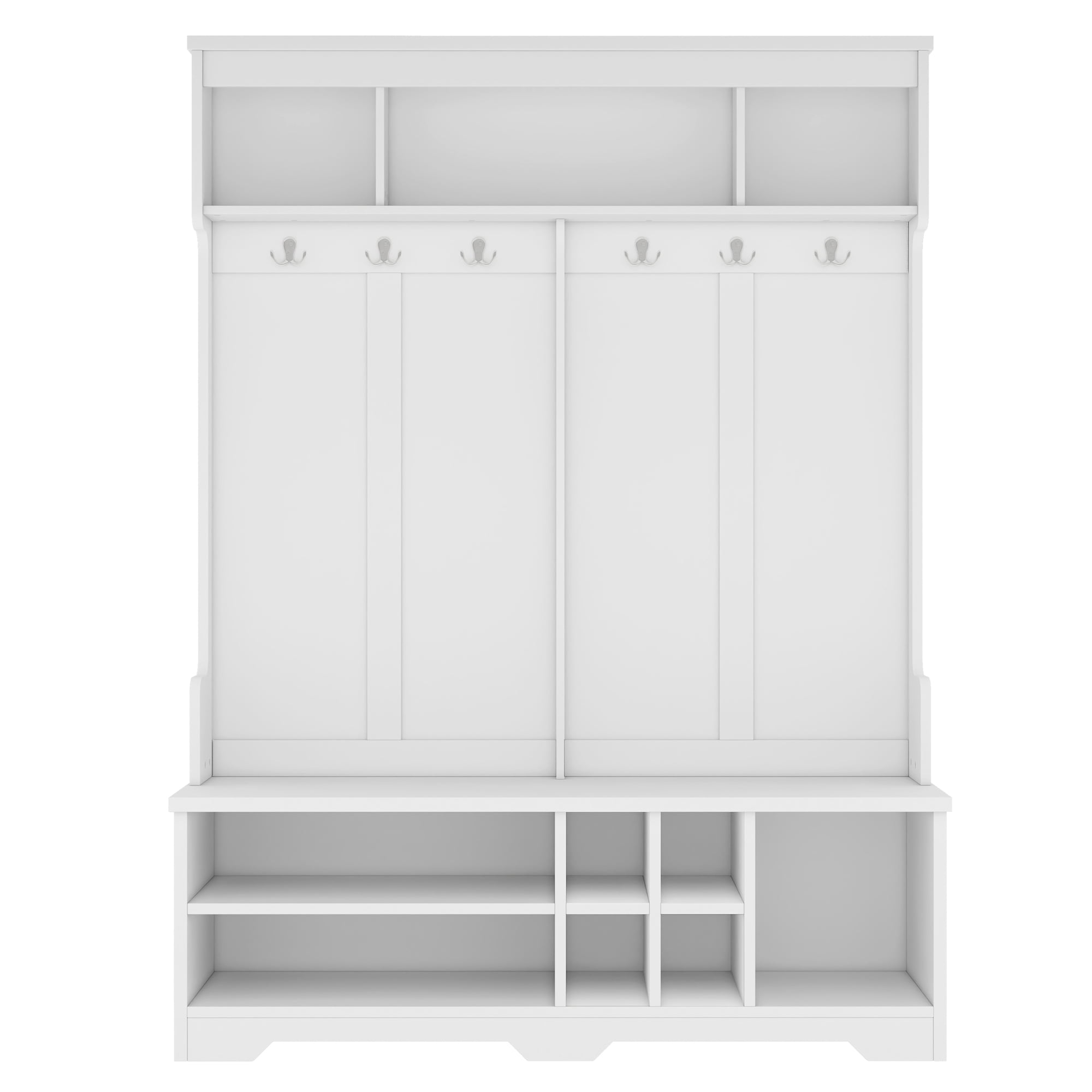 Mintazer Hall Tree with Coat Hooks, Multifunctional Entryway Shoe Storage Bench and Upper Open Cubbies for Living Room Mudroom Hallway, White