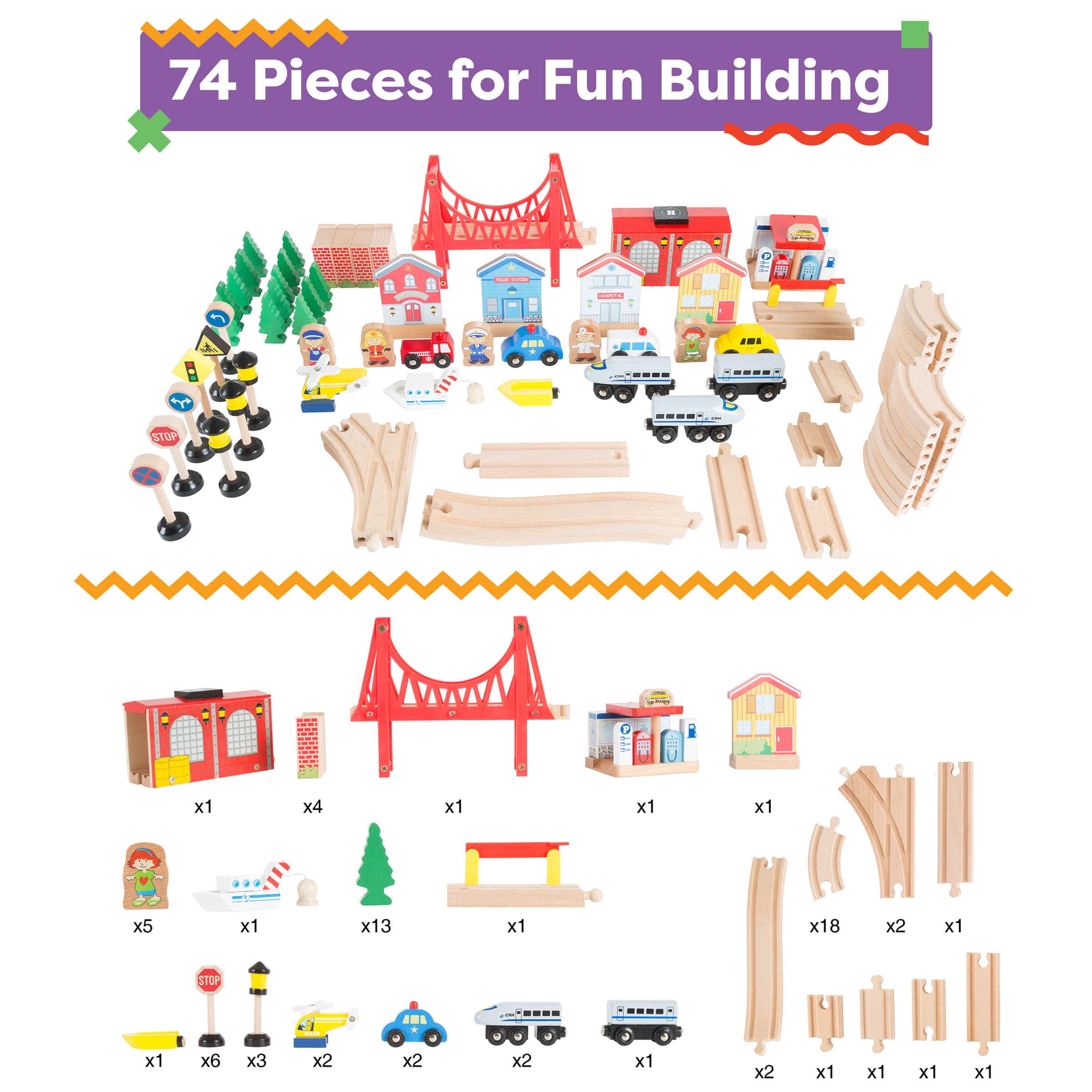 Hey Play 75-Piece Wooden Train Set with Illustrated Toy Storage Play Table