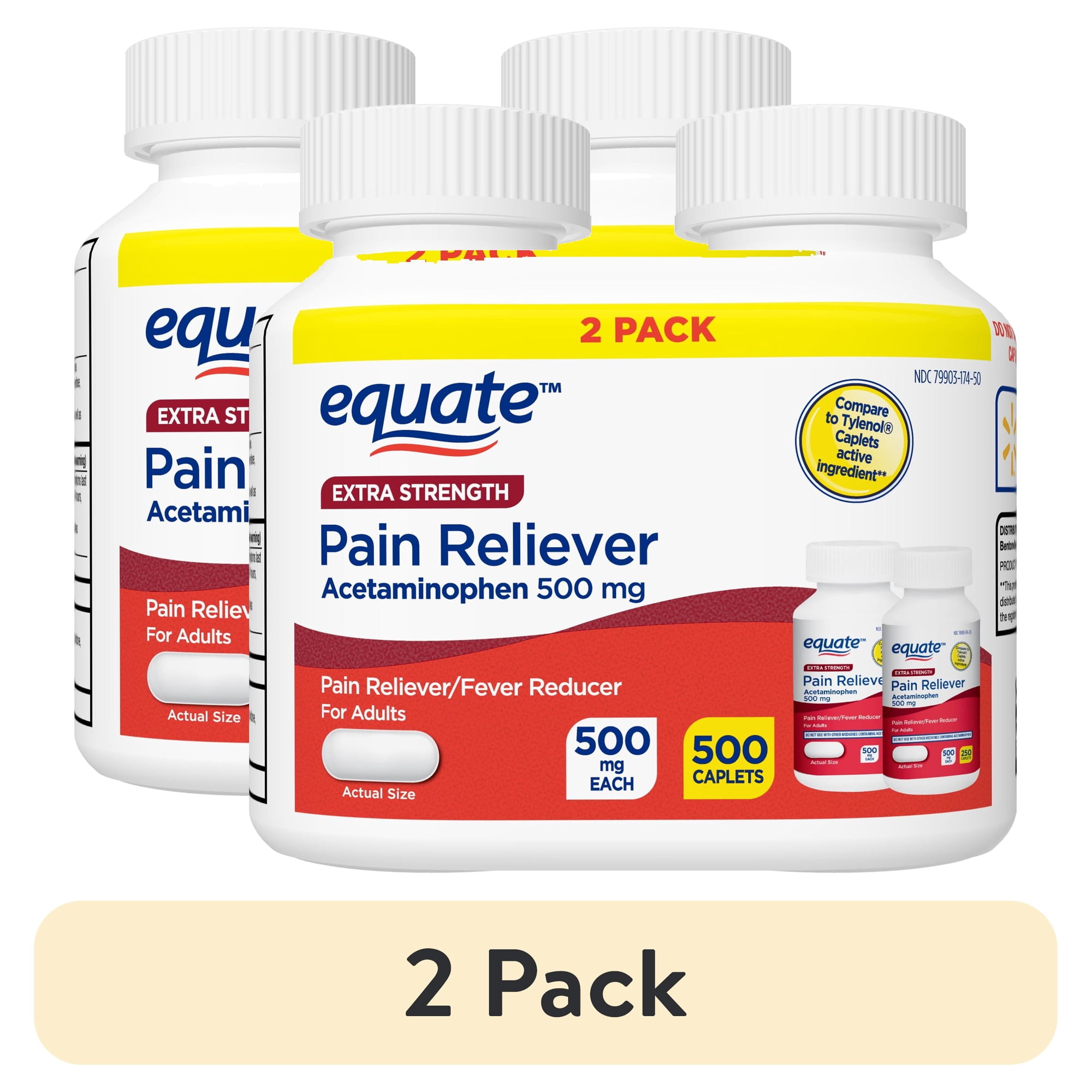 (2 pack) Equate Extra Strength Acetaminophen Pain Reliver Caplets, 500 mg, 250 Count, 2 Pack