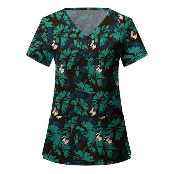 Blusa de manga corta con cuello en V para mujer, blusa con bolsillos estampados uniformes Pompotops hkajfhjk458422