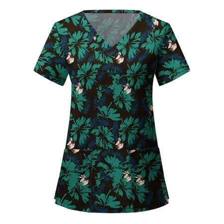 

Ladies Print Scrub Tops for Women Working Uniform T-Shirts Breathable Pattern V-Neck Scrub Shirt Tee Tops with Pockets