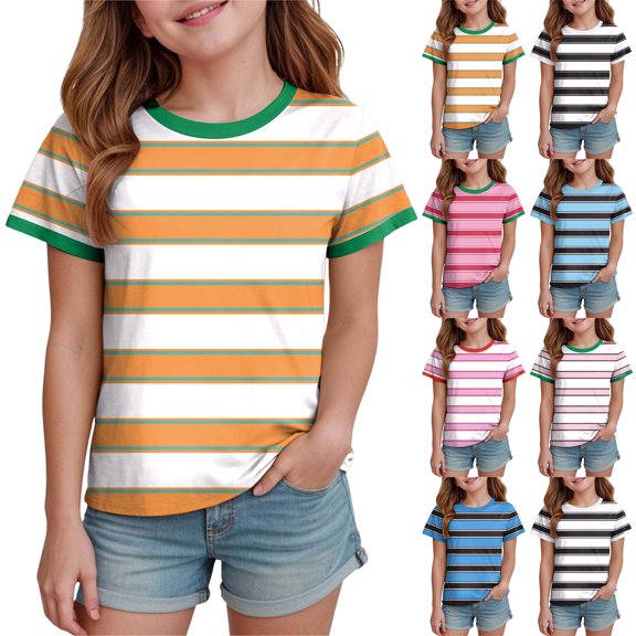 Ulanda Girls Striped Short Sleeve T Shirts Kids Summer Casual Tops Crewneck Tees Blouses (Pink, 12-13 Years)