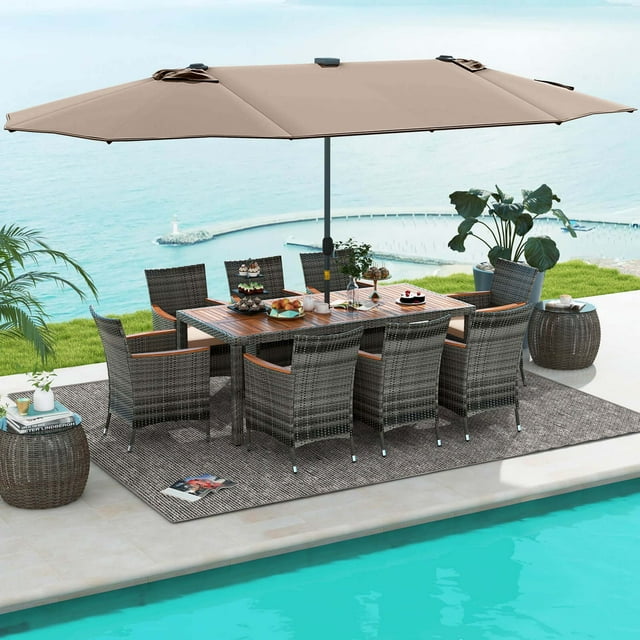 Costway 11 PCS Patio Dining Set with 15 ft Double-Sided Patio Umbrella 8 Armchairs Beige