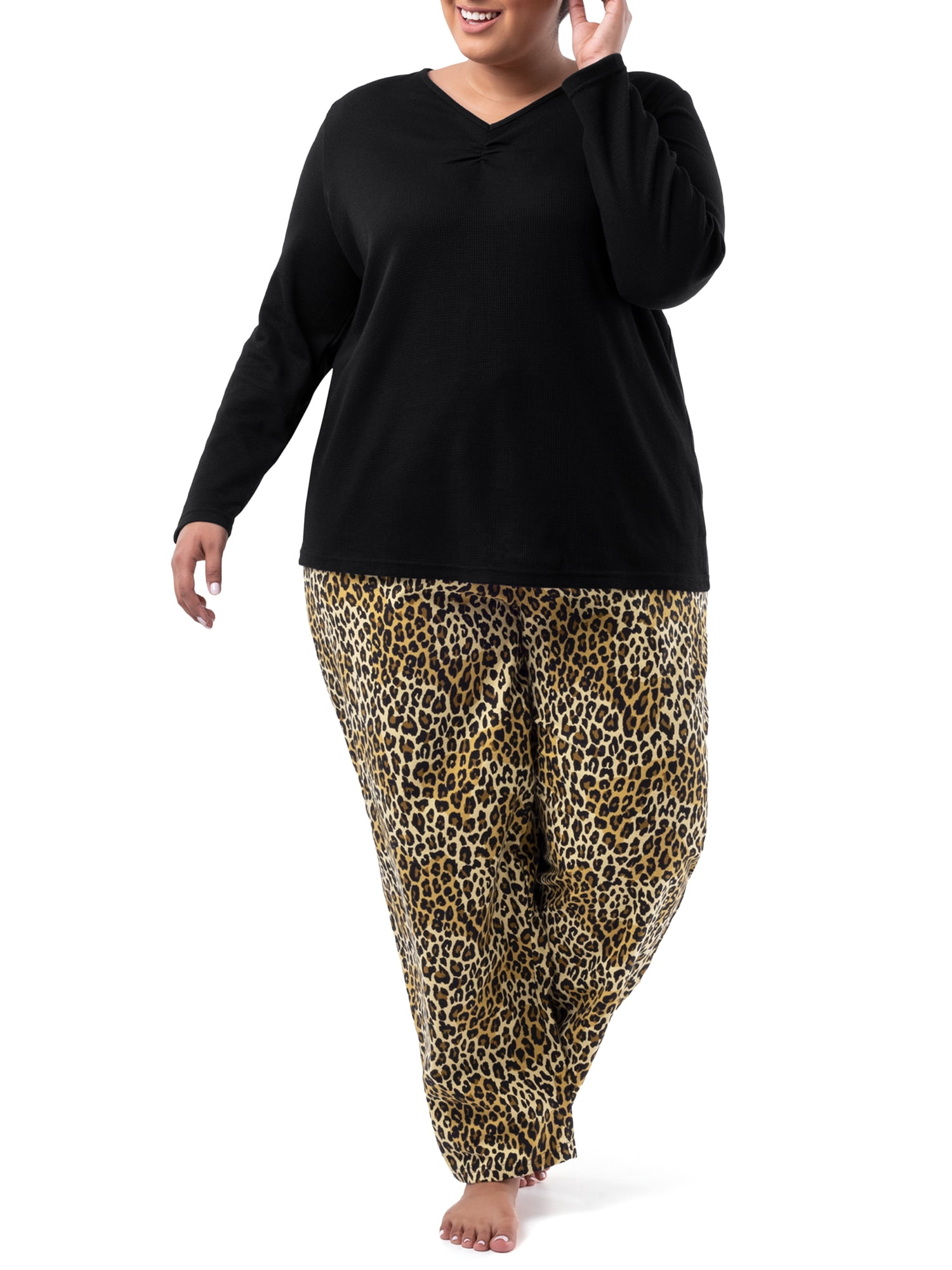 Fruit of the Loom Women's Beyond Soft Long Sleeve Waffle Top and Flannel Bottom Pajama Set, Sizes S-4X