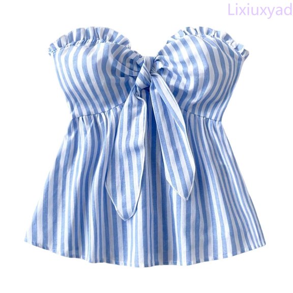 Lixiuxyad Spaghetti Straps Tank Tops Summer Striped Camisole Sleeveless Slim Fit Cropped Tank Top Casual Fashion Basic Wear,Blue L