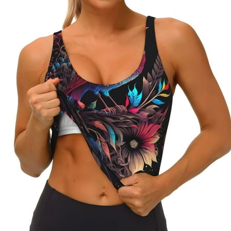 Qokaie Artistic Colorful Bird Pattern Womens Scoop Neck Sports Bra Breathable Workout Vest Padded U Back Medium Impact Fitness Gym Yoga Bra Workout Crop Top