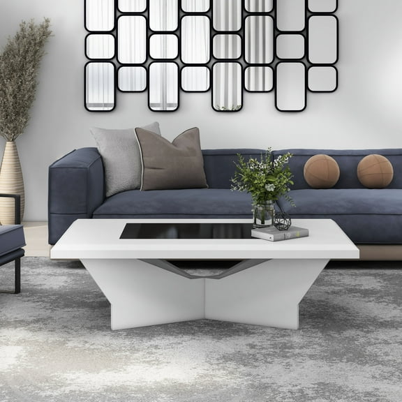 Furniture of America Duall Rectangular Black Glass Top and White Wood Coffee Table