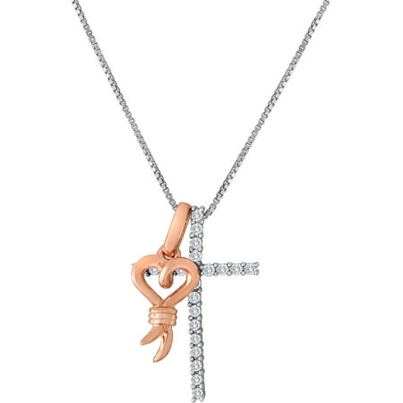 Knots of Love Sterling Silver 1/4 Carat T.W. Diamond Cross Pendant with Rose Gold-Tone Heart, 18