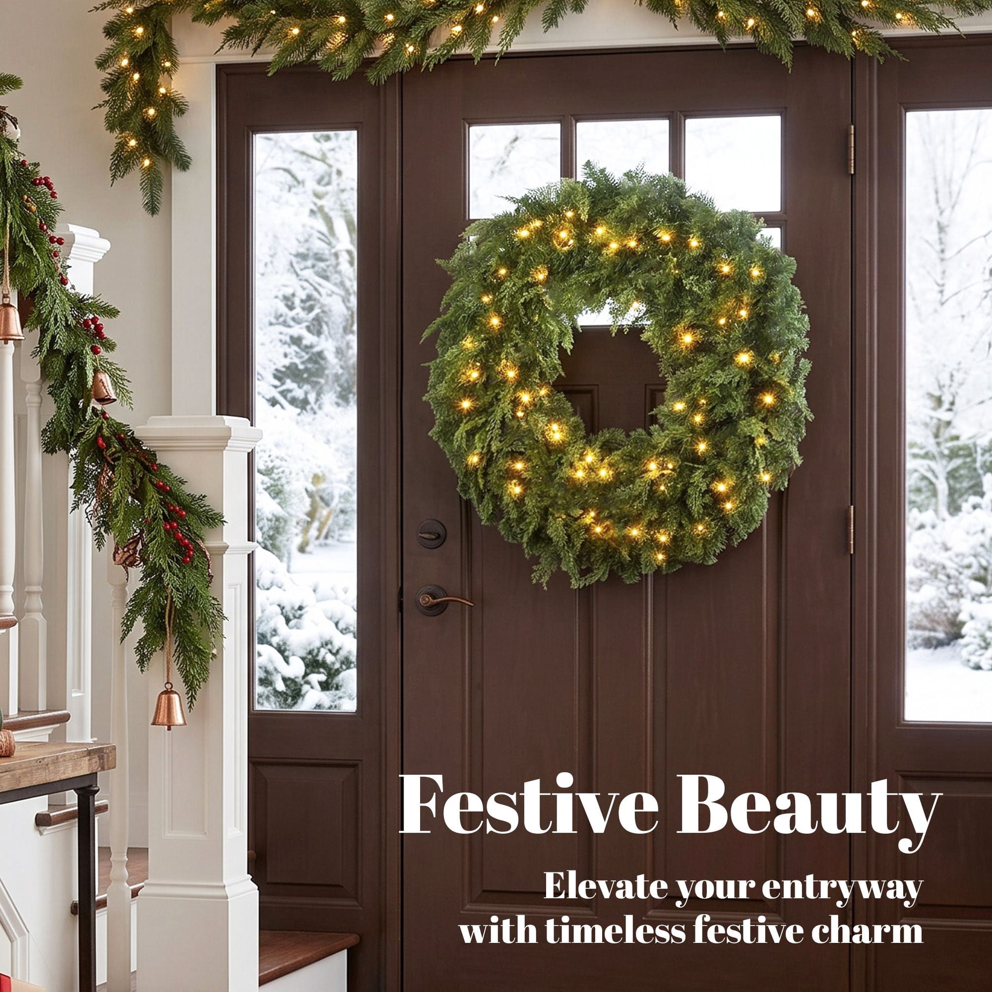 Pre-Lit Artificial Christmas Wreath, 36-Inch Cedar-Style Greenery with 100 Warm White LED Lights, 8 Lighting Modes, 360 Tips, Indoor and Covered Outdoor Holiday Decor for Front Door, Porch, or Mantel