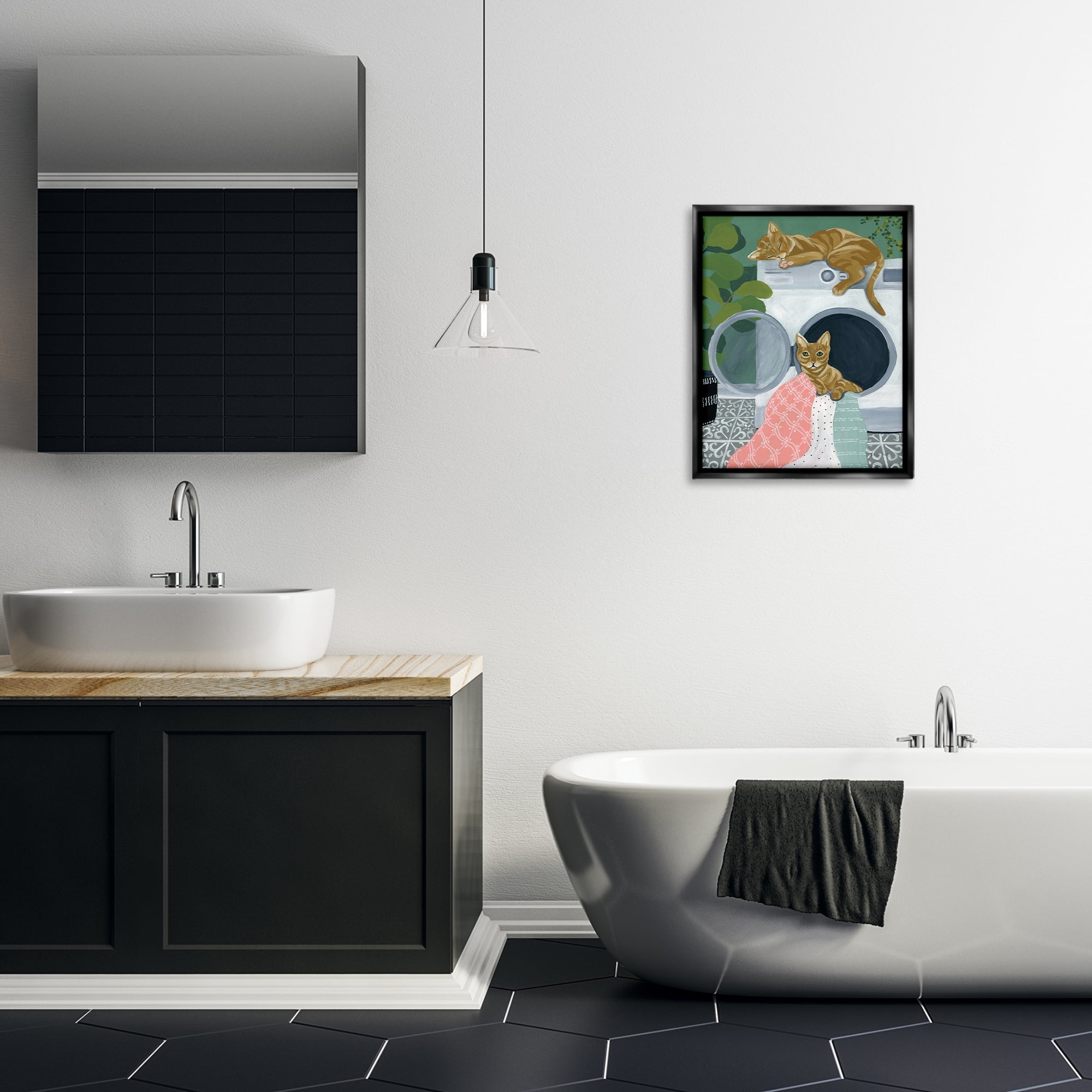 Stupell Industries Cuddling Laundry Cats Bath & Laundry Painting Black Floater Framed Canvas Art Print Wall Art, 17 x 21
