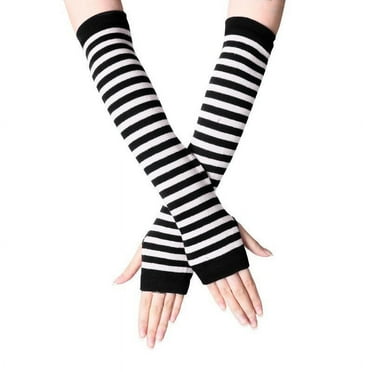ZQUUVOU Women's Striped Fingerless Cotton Gloves Long Wrist Arm Hand Warmer Knitted Long Fingerless Gloves Mitten White