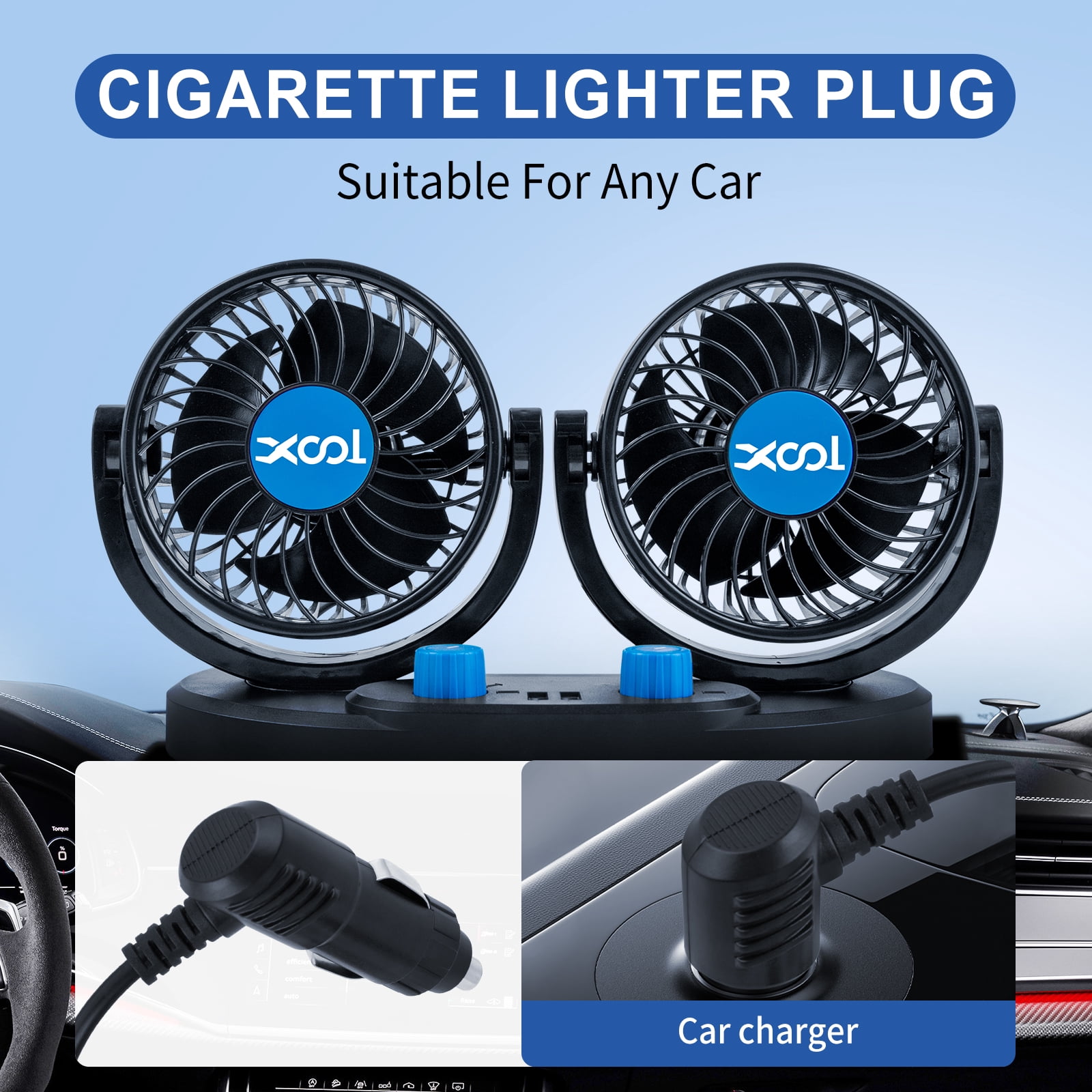 Car Fan, Electric Car Fan for Dashboard, 2 Speeds Portable 360 Degree 12V Car Cooling Fan for SUV, RV, Vehicle (2 USB Charging Ports)