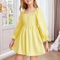 thumbnail image 2 of Fesfesfes Kids Girls Smocked Puff Sleeve Dress Square Neck Ruffle Hem Tiered A-Line Casual Party Outfit for School Daily Wear Autumn Spring Ages 2-13 Years, 2 of 5
