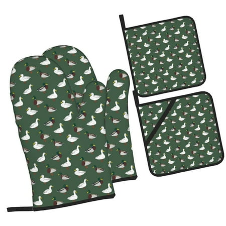

Honeii Colorful Mallard Duck Pattern Oven Mitts and Pot Holders Silicone Oven Gloves 500 F Heat Resistant Oven Mitts Sets 4PCS