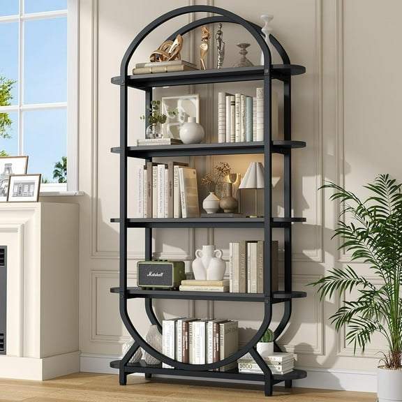 Semoic Tall Bookshelf Arched Bookcase, Modern 5-Tier Book Shelves with Storage Organizer - Industrial Curved Freestanding Open Display Shelving Unit for Living Room, Library, Home Office, Black