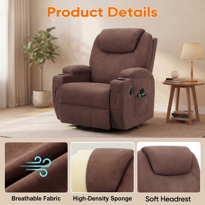 Vineego Massage Swivel Rocker Recliner with PU Leather Fabric Small Spaces Lounge Chair with Two Cup Holder for Bed Room,Linen Brown