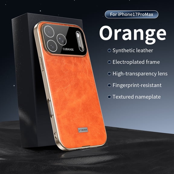 ELEHOLD For iPhone 17 Pro Max Leather Case,Luxury Plating Edge Shockproof Slim Premium Leather Phone Cover Built-in Lens Protector,Orange