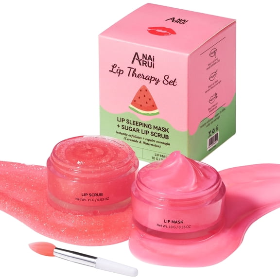 ANAiRUi Lip Care Set: Overnight Mask, Scrub & Butter with Watermelon, Shea Butter & Ceramide for Soft, Smooth Lips