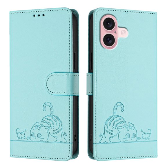 Phone Case for iPhone 16 Wallet Case Cat Pattern PU Leather Case with [RFID Blocking] Card Slots Kickstand Shockproof Magnetic Flip Cover, Mint